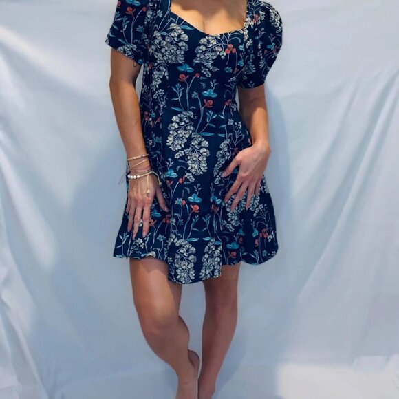En Saison Opal Mini Dress Denim Floral Sweetheart Neckline Puff Sleeve Small - Picture 14 of 15